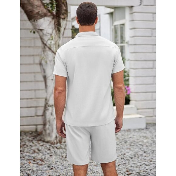 Mens White 2 Piece Casual Beach Outfit Short Sleeve Button Down Shirts Short Set - Picture 4 of 6